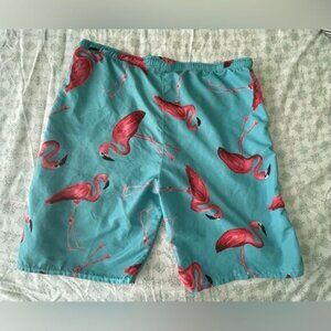 Swimming Trunks - blue pink flamingos - nylon mesh - 36 waist - Y2K board shorts
